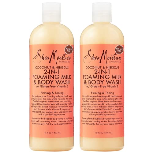 Shea Moisture Body Wash Moisturizing, Gluten Free Coconut & Hibiscus Foaming Milk & Body Wash Sensitive Skin, Coconut Oil, Vitamin E, Certified Organic Shea Butter, Family Size (2 Pack-16 Fl Oz Ea)