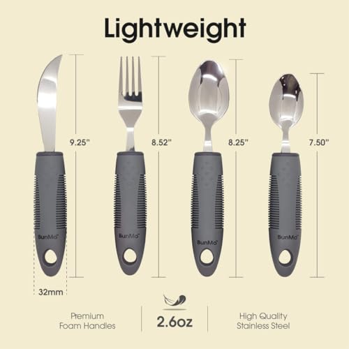 BUNMO Adaptive Utensils for Elderly, Arthritis, Weak Hand Grip & Handicapped | 4 Piece Set | Convenient Travel Pouch | Lightweight | Easy Grip Handles | Stainless Steel | Eat Independently