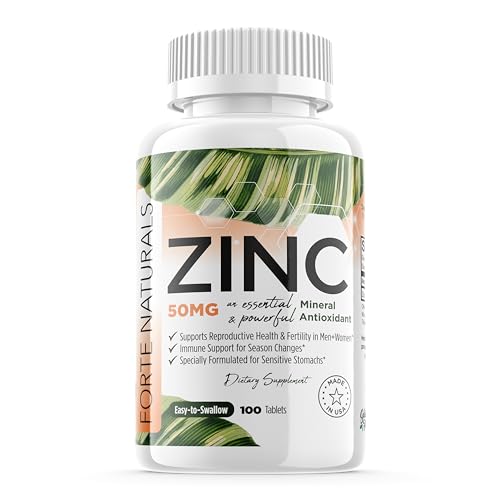 FORTE NATURALS 100 Zinc Supplements Specially Formulated for Sensitive Stomachs, Vitamins for Adults Daily Supplement Vegan 50mg, Non GMO, Easy to Swallow Zink Vitaminas