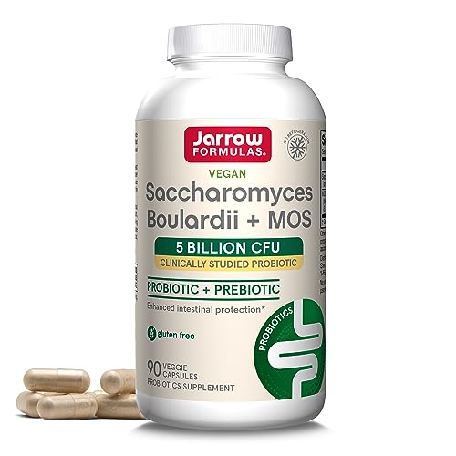 Jarrow Formulas Saccharomyces Boulardii + MOS 5 Billion CFU from One Clinically-Studied Probiotic Yeast for Intestinal Health Support, 90 Veggie Capsules, 90 Day Supply, Pack of 12