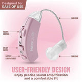 Digital Hearing Amplifier - Behind the Ear Sound Amplifier Set, BTE Hearing Ear Amplification Device and Digital Sound Enhancer PSAD for Hard of Hearing, Noise Reducing Feature, Pink by MEDca