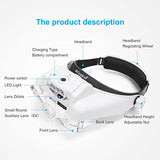 Dilzekui Headband Magnifying Glass with Light, Rechargeable Head Magnifying Glasses 1X to 14X, Magnifying Headset with 6 Detachable Lens, Hands Free Head Mount Magnifier for Close Work Reading Crafts