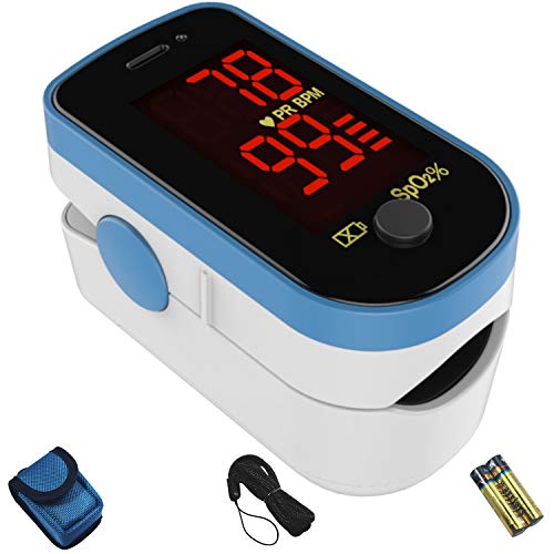 CHOICEMMED Sky Blue Finger Pulse Oximeter - Blood Oxygen Saturation Monitor - SPO2 Pulse Oximeter - Portable Oxygen Sensor with Included Batteries - O2 Saturation Monitor with Carry Pouch