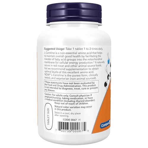 NOW Supplements, L-Carnitine 1,000 mg, Purest Form, Amino Acid, Fitness Support*, 50 Tablets