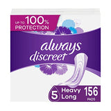Always Discreet Adult Incontinence Pads for Women and Postpartum Pads, Heavy Long, 156 CT, up to 100% Bladder Leak Protection