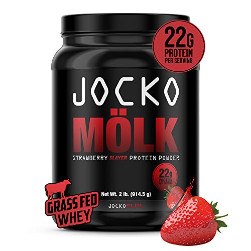 Jocko Mölk Whey Protein Powder (Strawberry) - Keto, Probiotics, Grass Fed, Digestive Enzymes, Amino Acids, Sugar Free Monk Fruit Blend - Supports Muscle Recovery & Growth - 31 Servings (2lb Old Tub)