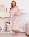 Long Nightgowns for Women Lace Neck Sleep Shirts Casual House Coat Button Down House Dresses Long Sleeve House Dress for Elderly Women Soft Cotton Hosptial Gowns Mumu Dresses Pink Floral M