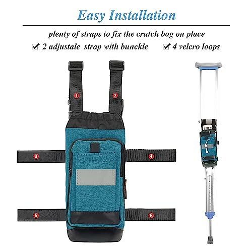 Crutch Bag Lightweight Crutch Accessories Storage Pouch with Reflective Strap and Front Zipper Pocket for Universal Crutch Bag to Keep Item Safety (Blue)