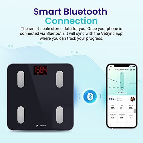 Etekcity Scales for Body Weight, Bathroom Digital Weight Scale for Body Fat, Smart Bluetooth Scale for BMI, and Weight Loss, Sync 13 Data with Other Fitness Apps, Black, 11x11 Inch