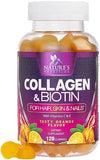 Collagen & Biotin Hair Vitamin Gummies - Extra Strength for Healthy Hair, Skin & Nails Growth Support - Collagen Peptides Gummy Supplement with Vitamins C & E - Orange Flavored, Non-GMO - 120 Count