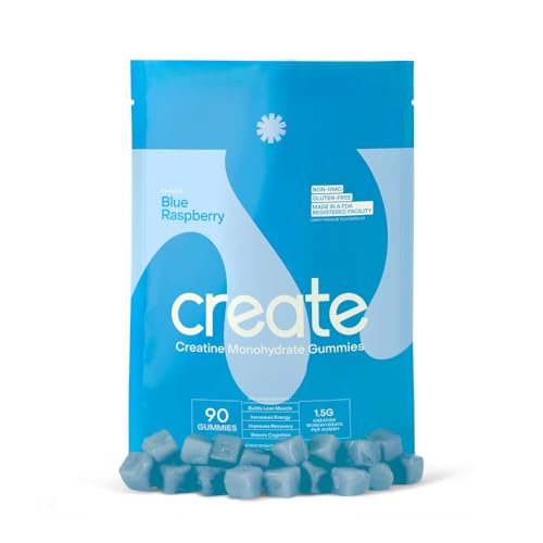 Create Creatine Monohydrate Gummies for Men & Women, Boost Focus, Strength, and Endurance, Anti-Melting Formula, Vegan, Gluten-Free, Non-GMO, 1.5g of Creatine per Gummy (Blue Raspberry, 90ct)