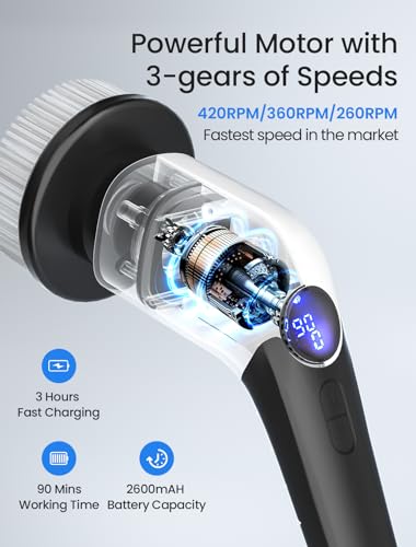 Keimi Electric Spin Scrubber, 2024 New Cordless Voice Prompt Shower Cleaning Brush with 8 Replaceable Brush Heads, 3 Adjustable Speeds, and Adjustable Extension Handle for Bathroom Floor Tile