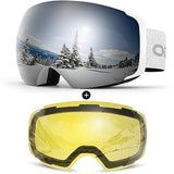 Odoland Magnetic Interchangeable Ski Goggles with 2 Lens, Large Spherical Frameless Snow Snowboard Goggles for Men Women, White Frame Sliver Lens vlt 15%