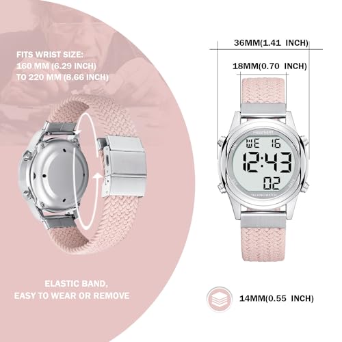 Hearkent Digital Talking Watch for Ladies with American Accent Voice LCD Big Numbers Watch for Visually impaired, Elderly or Blind People (Pink)