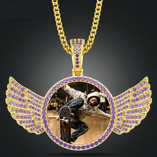 New Luxury Custom Made Photo Crystal Angel Wings Pendants Necklaces 3 Colors Gold Pink Purple Cubic Zircon Men's Hip Hop Jewelry