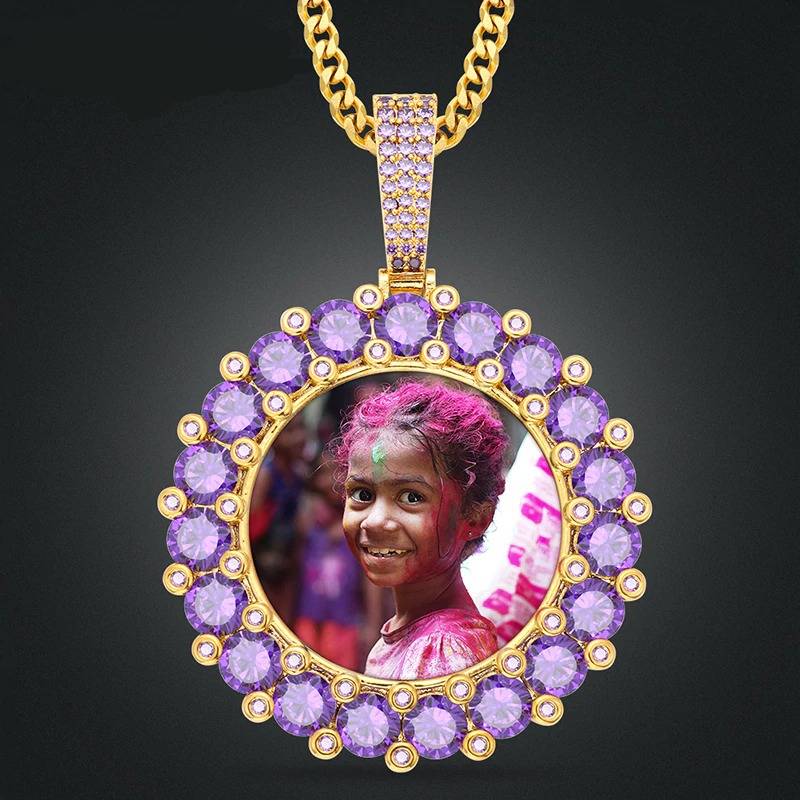 Custom Photo Round Memory Medallions Solid Pendant Necklace Gold Silver Colorful Cubic Zircon Men's Hip hop Jewelry
