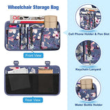 FINPAC Wheelchair Side Storage Bag w/Cup Holder, Wheelchair Armrest Accessories Pouch with Pen Slot and Reflective Strips for Power Wheelchairs, Walkers, Rollators, Seniors (Blooming Hibiscus)