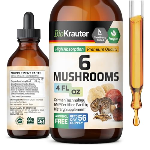 MAUWE HERBS 6 Mushrooms Supplement 6-in-1 - Lions Mane, Shiitake,Turkey Tail, Cordyceps, Reishi & Chaga Liquid Extract - Mushroom Complex Tincture - Organic and Vegan Drops 4 Fl.Oz.