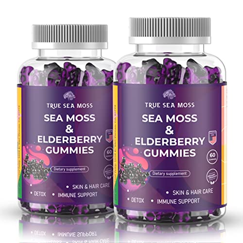 Sea Moss Gummies with Elderberry, Contains Irish Sea Moss, Elderberry Extract, Burdock Root, Bladderwrack, Sodium - 60 pcs Seamoss Gel Gummies for Thyroid, Immune Support, Energy, Pack of 2