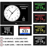 FEYBYLA Alarm Clock with Day and Date for Elderly 3Displays 7inch Digital Calendar Day Clock Photo Frame- Auto Dimmable Display 8 Alarm Options, Day Clock with Non-Abbreviated Day & Month