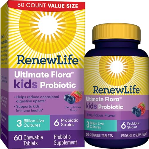 Renew Life Kids Chewable Probiotic Tablets, Daily Supplement Supports Digestive and Immune Health, Berry-licious Flavor, Dairy, Soy and gluten-free, 3 Billion CFU, 60 Count