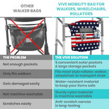 Vive Wheelchair Bag for Accessories (12" x 5 x 12") - Large Adjustable, Folding, Waterproof Backpack - Fits Walkers, Rollators, and Chairs - Pouch for Elderly & Seniors - Caddy Pouch Tray Attachment