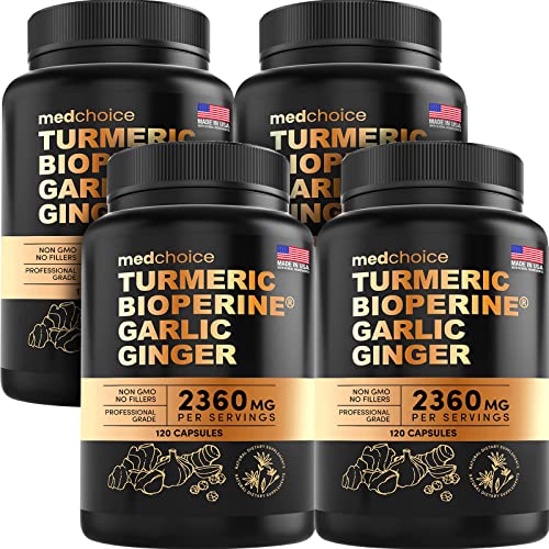 4-in-1 Turmeric and Ginger Supplement with Bioperine 2360 mg (480 ct) Turmeric Ginger Root Capsules with Garlic - Turmeric Curcumin with Black Pepper for Joint, Digestion & Immune Support (Pack of 4)