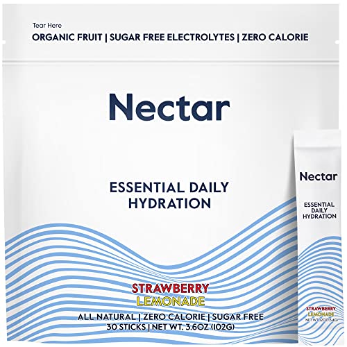 Nectar Hydration Packets - Electrolytes Powder Packets - No Sugar or Calories - Organic Fruit Liquid Daily IV Hydrate Packets for Hangover & Dehydration Relief & Rehydration (Strawb. Lemon 30 Pack)