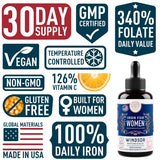 WINDSOR BOTANICALS Liquid Iron Supplement for Women Folic Acid, Vitamin C, Vegan