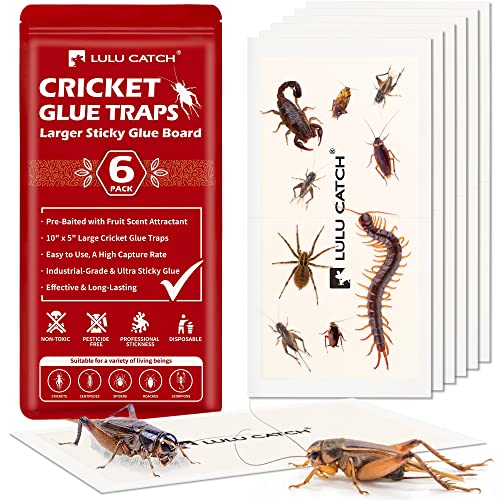 LULUCATCH Cricket Insect Glue Traps - 6 Pack Bug Traps, Cockroach Sticky Traps, Large Spider Trap with Pre-Baited Attractant, Highly Effective Glue Boards Indoor, Non-Toxic & Safe to Children, Pets