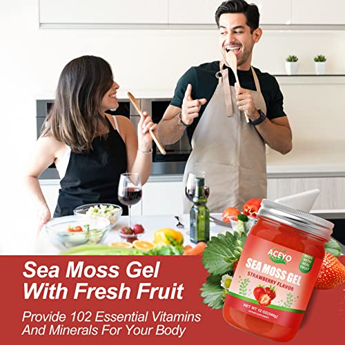 (12 OZ) Irish Sea Moss Gel Organic Raw Vegan Strawberry Flavor 102 Vitamins and Minerals Wild Harvested Non-GMO Immune & Digestion Support