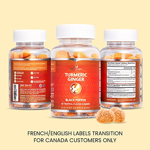 BeLive Turmeric Curcumin with Black Pepper & Ginger - 60 Gummies I Turmeric and Ginger Supplement for Immune Support, Healthy Skin, and Joint Health - Tropical Flavor