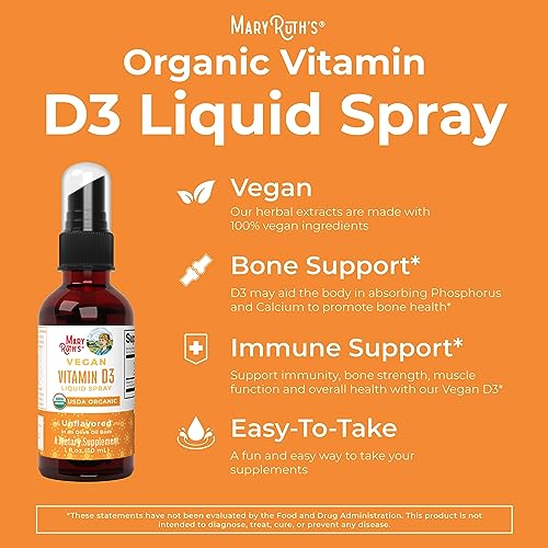 MaryRuth's Vitamin D3 Liquid Spray | USDA Organic Liquid Vitamin D Spray for Adults & Kids | Immune Support & Bone Health | Vegan | Gluten Free | Non-GMO | 30 Servings