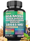 Sea Moss 7000mg Black Seed Oil 4000mg Ashwagandha 2000mg Turmeric 2000mg Bladderwrack 2000mg Burdock 2000mg & Ginger Vitamin C Vitamin D3 with Elderberry Manuka Dandelion Yellow Dock Chlorophyll ACV