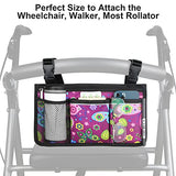 Update Flower Color Wheelchair Bag Side Organizer Storage Armrest Pouch with Cup Holder and Reflective Stripe Use Waterproof Fabric, for Most Wheelchairs, Walkers or Rollators (Purple Butterfly)