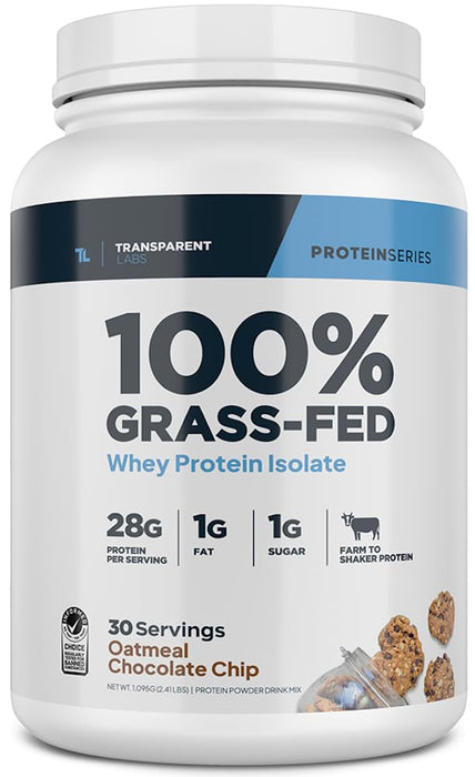 Transparent Labs Grass-Fed Whey Protein Isolate - Naturally Flavored, Gluten Free Whey Protein Powder with 28g of Protein per - 30 Servings, Oatmeal Chocolate Chip Cookie