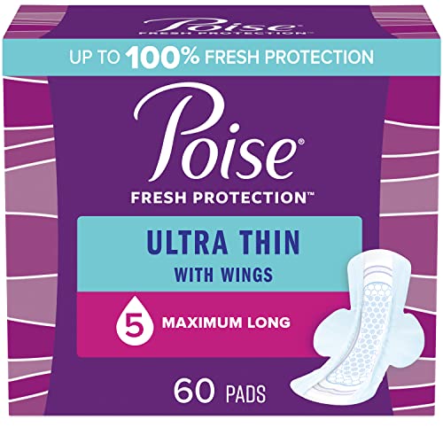 Poise Ultra Thin Incontinence Pads with Wings & Postpartum Incontinence Pads, 5 Drop Maximum Absorbency, Long Length, 60 Count (3 Packs of 20), Packaging May Vary