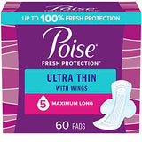 Poise Ultra Thin Incontinence Pads with Wings & Postpartum Incontinence Pads, 5 Drop Maximum Absorbency, Long Length, 60 Count (3 Packs of 20), Packaging May Vary