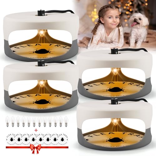 4 Pack Flea Trap Indoor Flea Light for Inside Your Home with 8 Sticky Disc & 12 Bulbs & 4 Electric Wires Pet and Kid Safe,Sticky Bed Bug Trap Non-Poisonous Pest Control