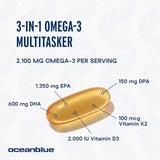 Oceanblue Professional Omega-3 2100 with Vitamin K2 and Vitamin D3-120 Count 2 Pack- Triple Strength Burpless Fish Oil Supplement with EPA, DHA & DPA - Wild Caught - Orange Flavor, 60 Servings
