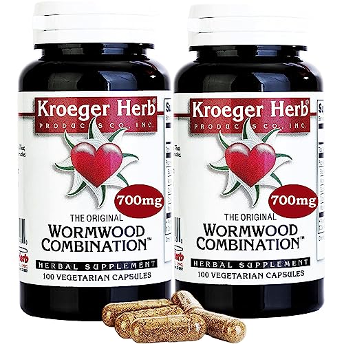 Kroeger Herb Wormwood Combination - 700mg - Vegetarian Capsules - 100 Caps | Pack of (2) | Our Powerful Combination Includes Wormwood, Black Walnut Leaves, Quassia, Cloves, and Male Fern