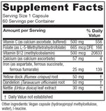 Vitanica Iron Extra, Iron Supplement Enhanced Absorption with Vitamin C 500mg, Methylfolate 400mcg, B12 Vitamin 500mcg, Calcium, Yellow Dock, Dandelion Root & Nettle Leaf Extract, Vegan, 60 Capsules