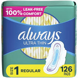 Always Ultra Thin Daytime Pads with Wings, Size 1, Regular, Unscented, 42 Count x 3 (126 Count Total)