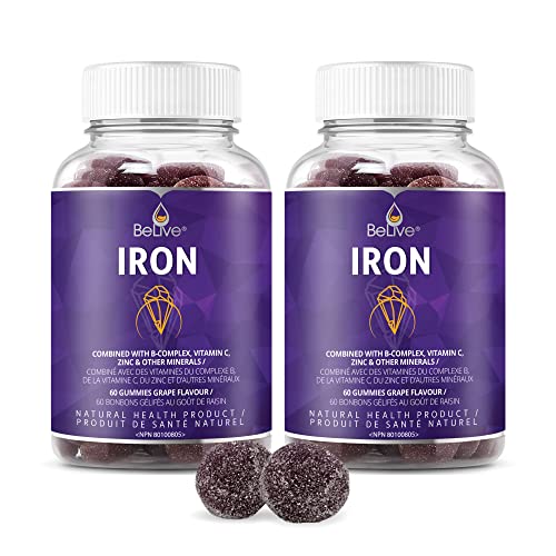 BeLive Iron Gummies - Multivitamin Iron Supplement with Vitamin C, A, B & Zinc, Supports Blood Oxygen, Vegan Iron Supplements for Women, Men & Kids for Growth and Development - Grape Flavor | 2-Pack