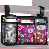 Update Flower Color Wheelchair Bag Side Organizer Storage Armrest Pouch with Cup Holder and Reflective Stripe Use Waterproof Fabric, for Most Wheelchairs, Walkers or Rollators (Purple Butterfly)