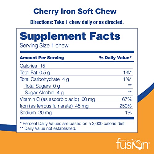 Bariatric Fusion Iron Soft Chew with Vitamin C | Cherry Flavored | Chewy Vitamin for Bariatric Patients | Gluten Free | Iron Supplement for Women and Men | 60 Count | 2 Month Supply