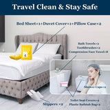 Extguds Disposable Travel Set : Bed Sheet×1+Duvet Cover×1+Pillow case×2+Bath Towels×2+Shower Caps×2+Plastic Bathtub Bag×2+Toilet Seat Covers×2+Compression face Towel×8+Toothbrushes×2+Slippers×2