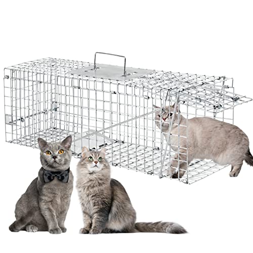 Meibangzz Animal Traps,Live Animal Trap for Cats,Rabbits, Squirrels,cat Trap for Stray Cats, Live Traps for Raccoons, Stainless Steel Foldable with Pedal Triggers (32 x 11 x 12.6 inches)