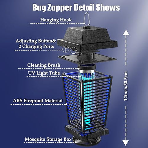 PALONE Solar Bug Zapper 4500V Electric Mosquito Zapper Outdoor Updated Fly Zapper Indoor Rechargeable Mosquito Killer with Solar Panel & Type-C Cable Fly Trap with UV Light for Flies Gnats Moths