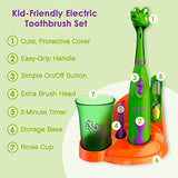 Brusheez® Kids’ Electric Toothbrush Set - Safe & Effective for Ages 3+ - Parent Tested & Approved with Gentle Bristles, 2 Brush Heads, Rinse Cup, 2-Minute Timer, & Storage Base (Snappy The Croc)